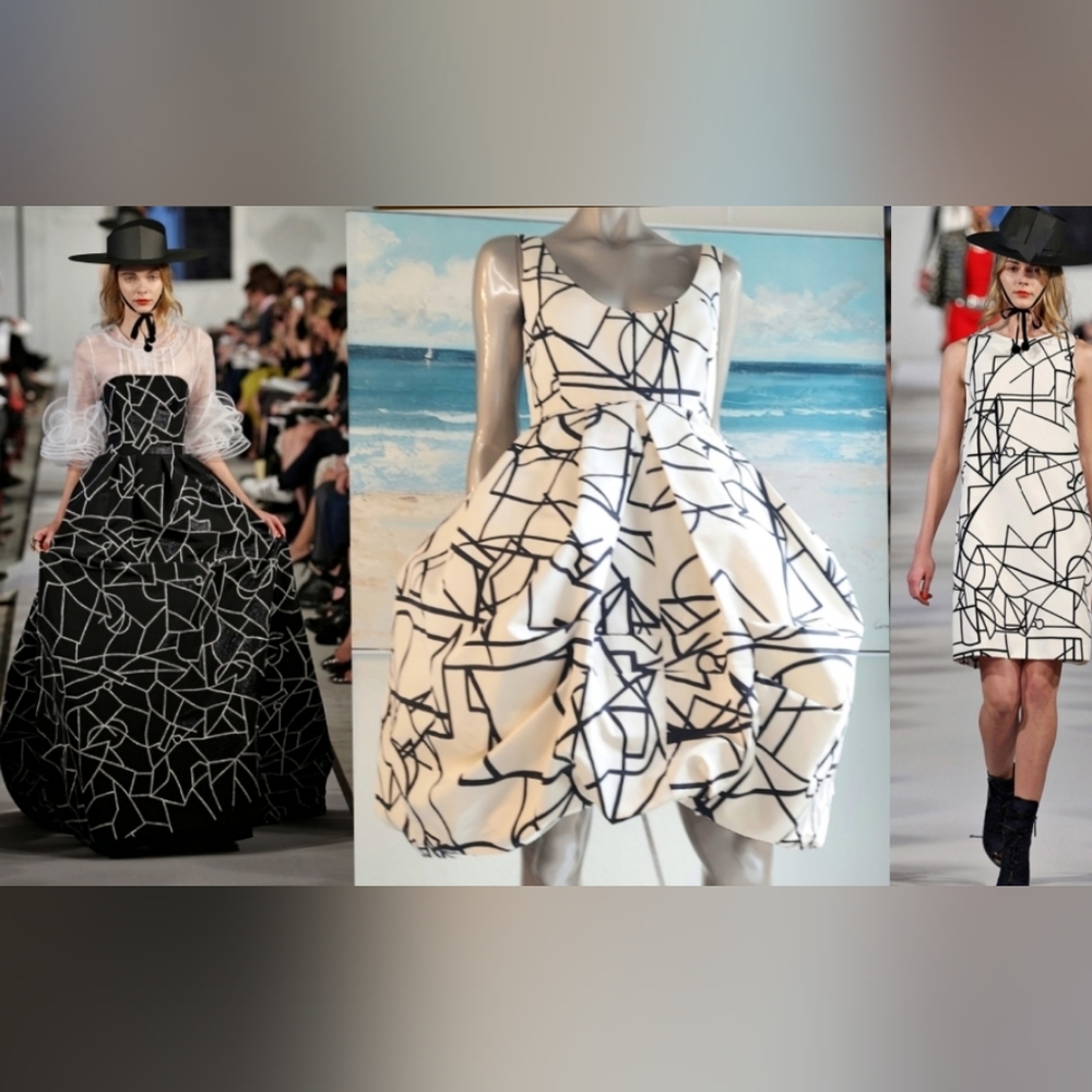 $6,000 OSCAR DE LA RENTA PICASSO SILK WHT BLK BUBBLE RUNWAY DRESS 8